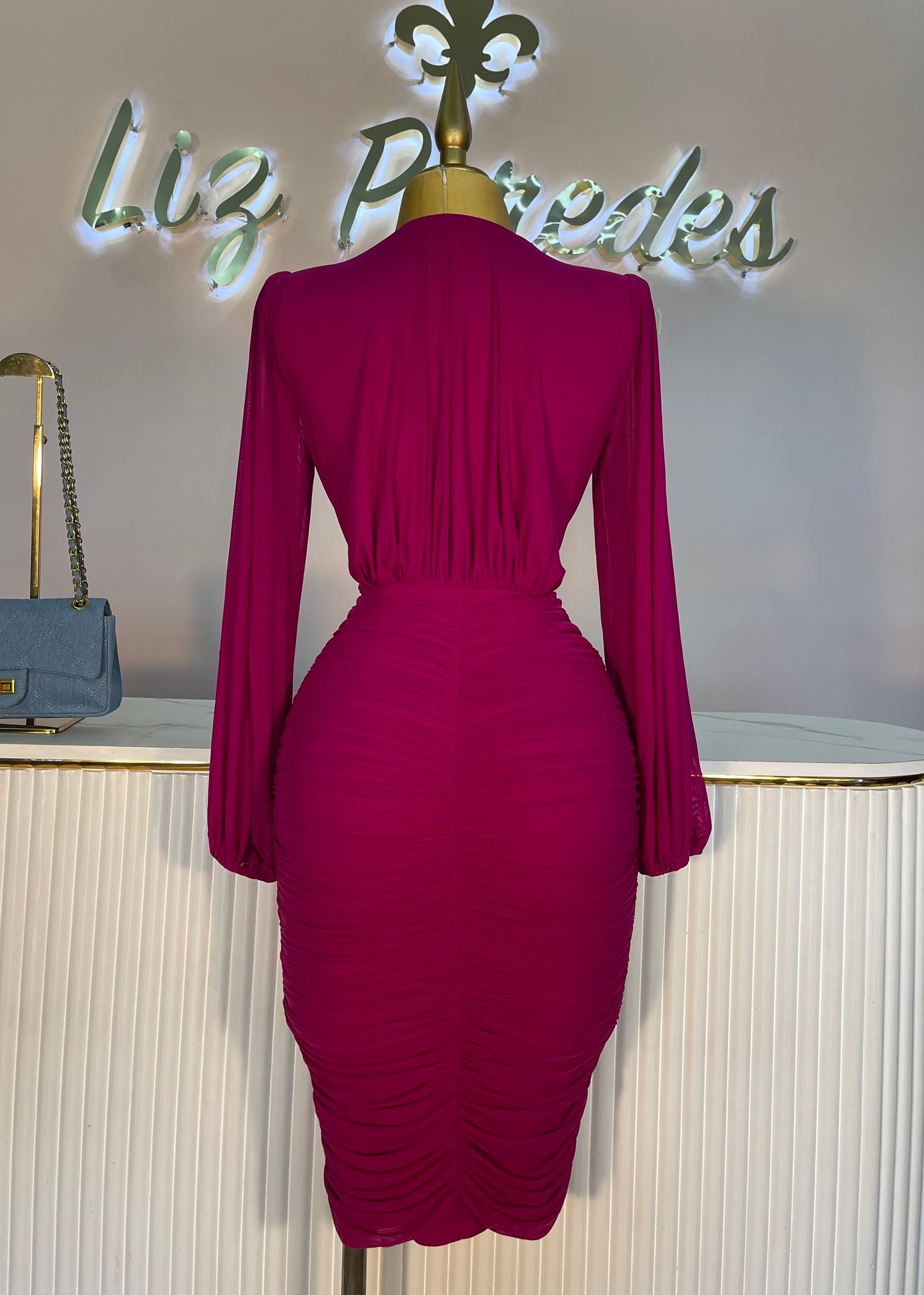 VESTIDO MIDI MESH MANGA LARGA CORRUGADO