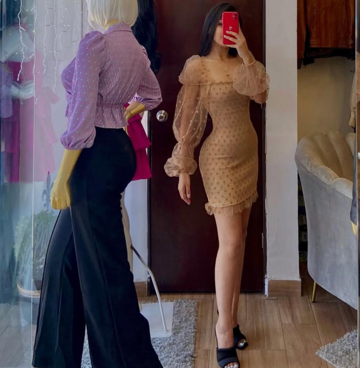 VESTIDO MINI LUNARES MANGA LARGA MESH