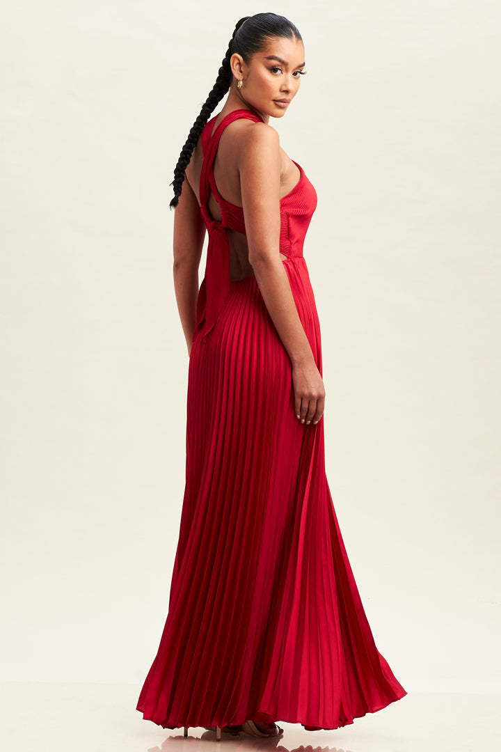 VESTIDO MAXI PLISADO HALTER ROJO SATÉN