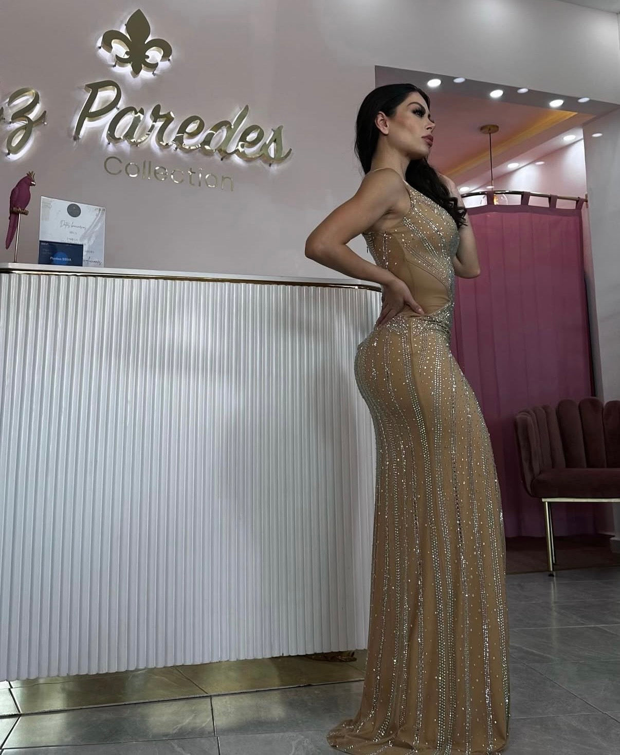 VESTIDO MAXI CRISTALES BEIGE