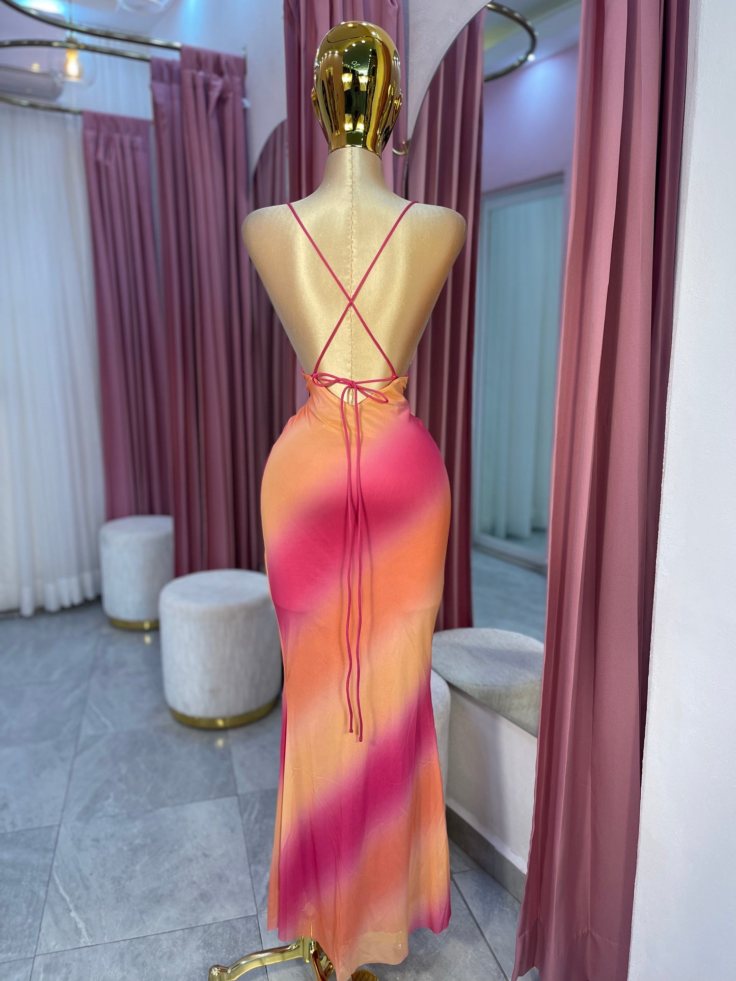 VESTIDO MAXI MESH CARAMELO ROSA/NARANJA