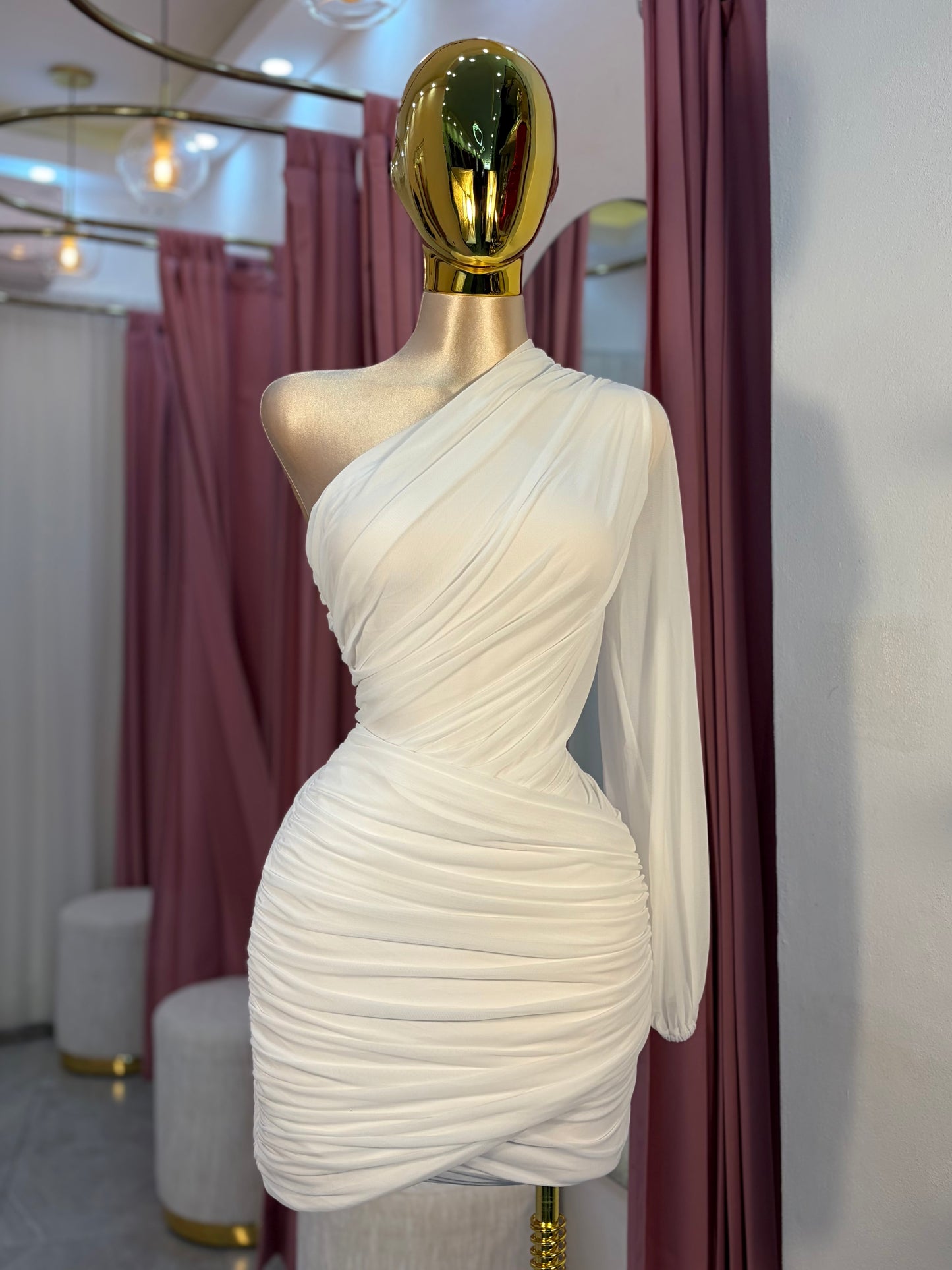 VESTIDO MINI MESH ONE SHOULDER BLANCO
