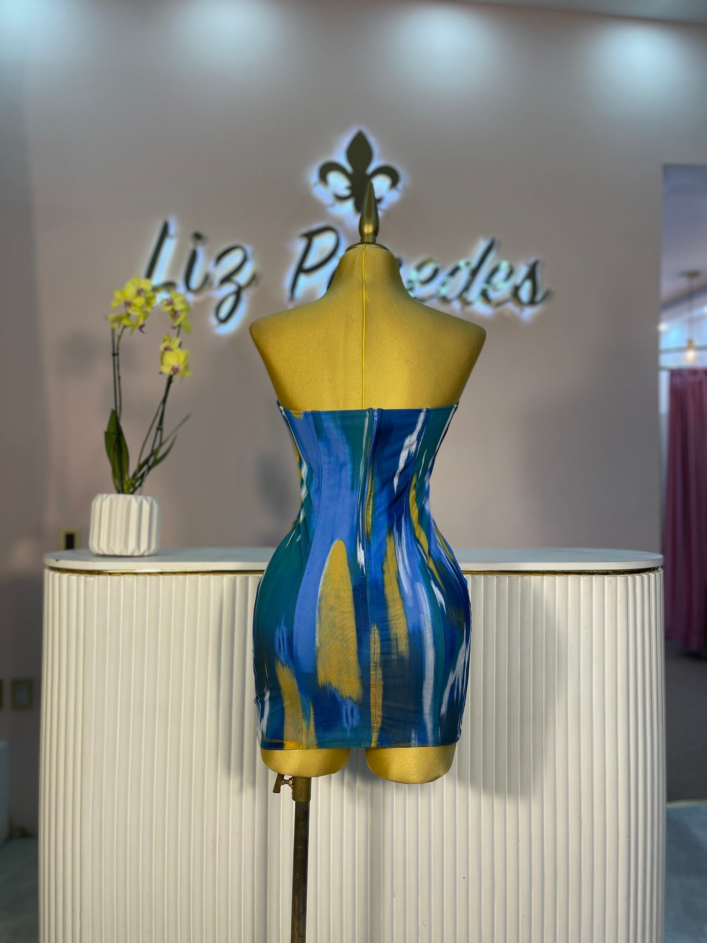 VESTIDO-MINI MESH AZUL/AMARILLO