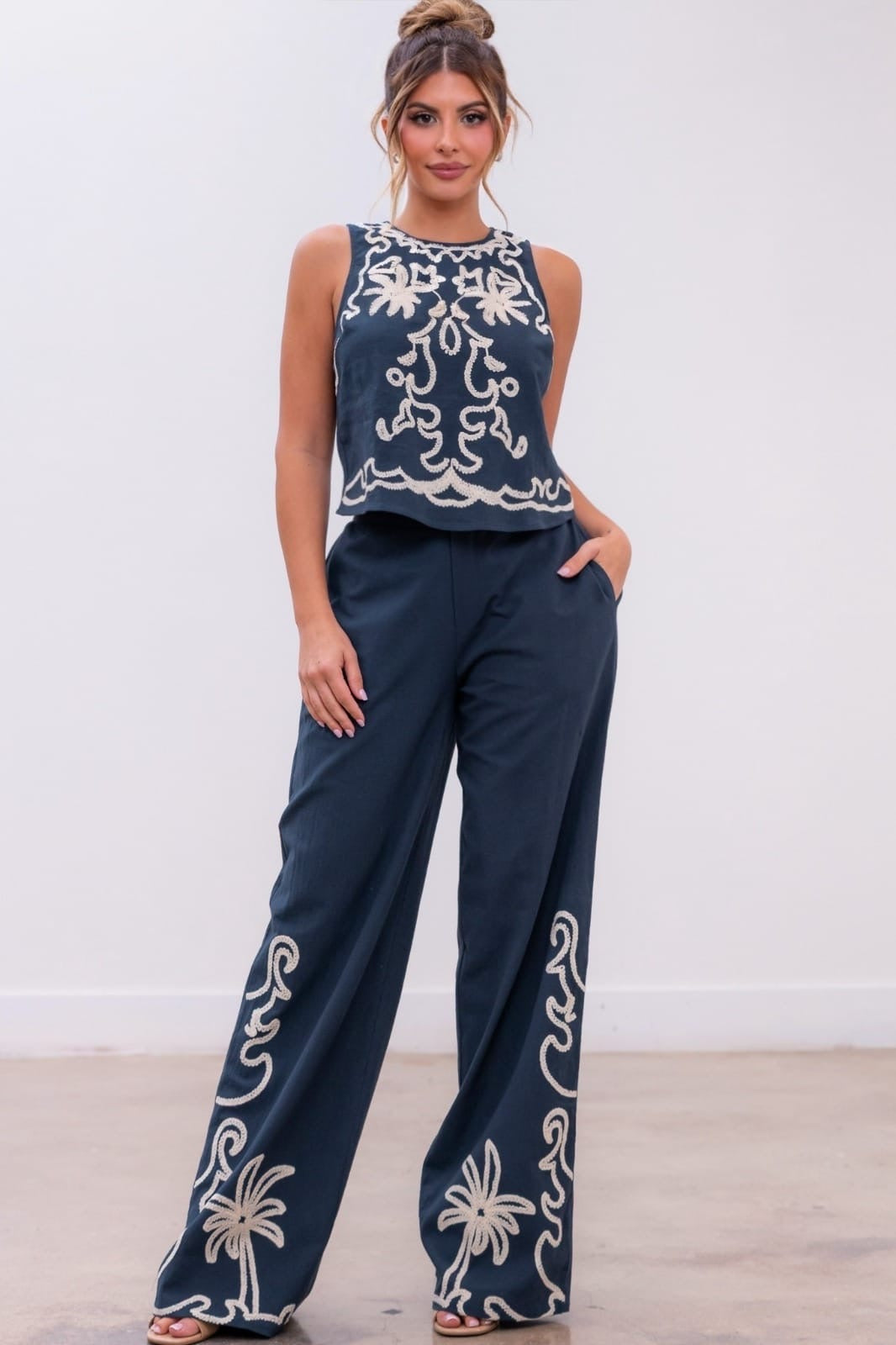 SET AZUL LINO BORDADO