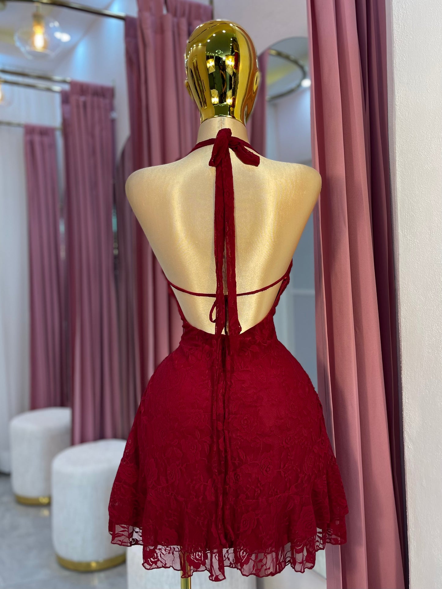 VESTIDO MINI V ENCAJE TINTO