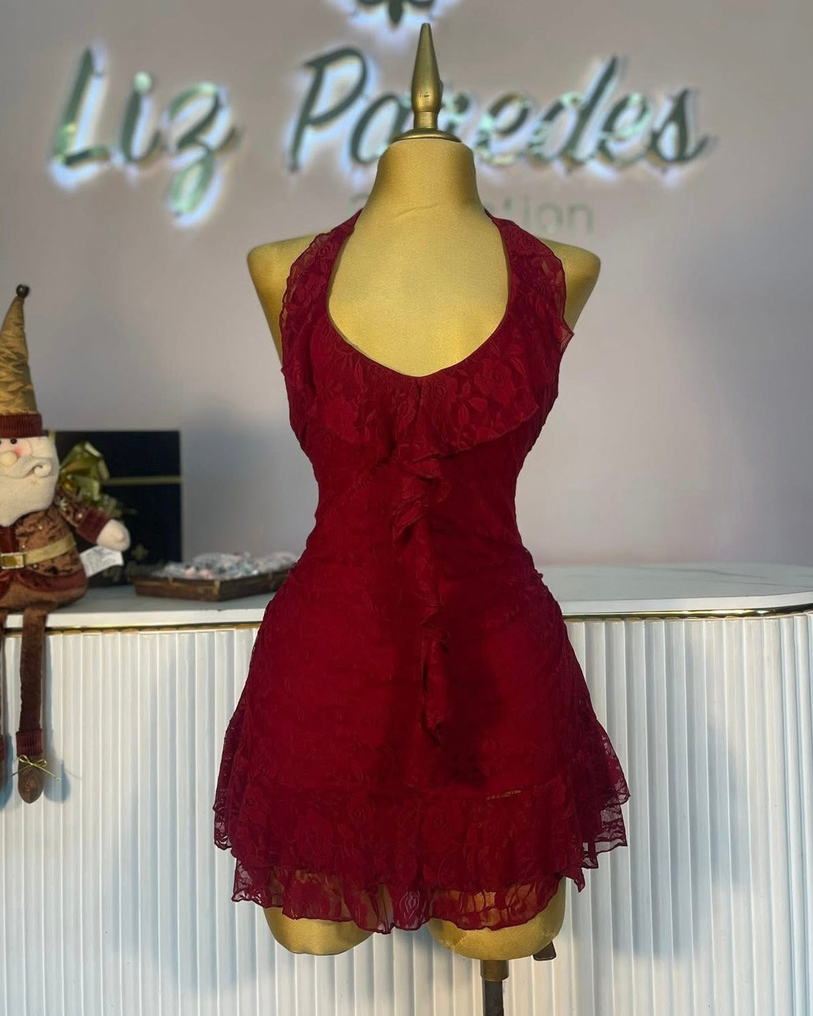 VESTIDO MINI V ENCAJE TINTO