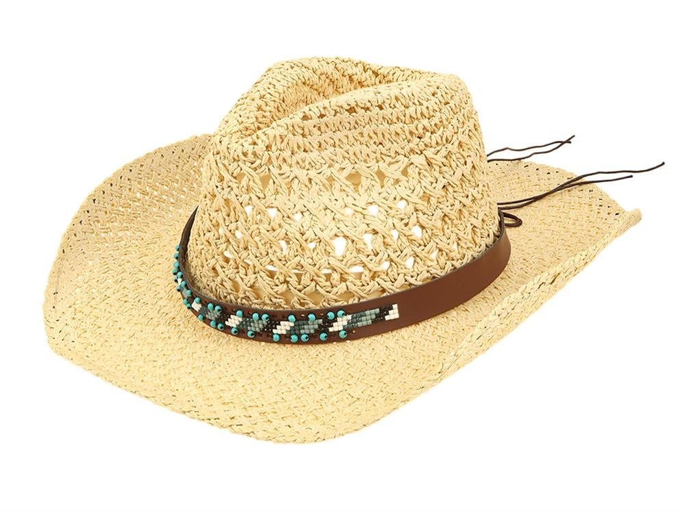 SOMBRERO DE PAJA CON CUENTAS ESTILO VAQUERO.