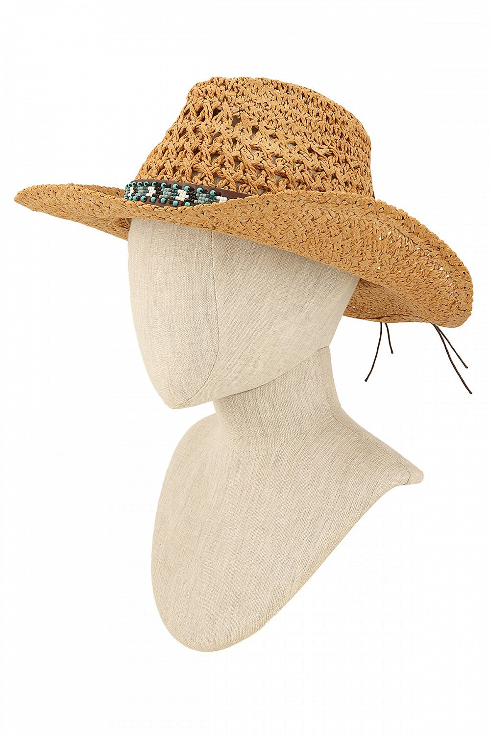 SOMBRERO DE PAJA CON CUENTAS ESTILO VAQUERO.