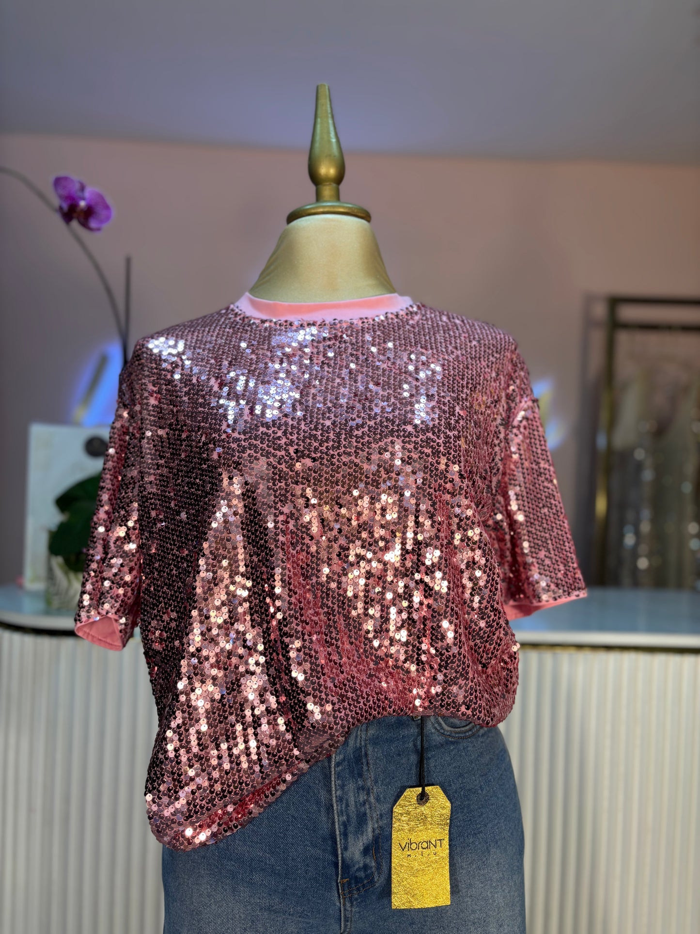 BLUSA OVER SIZE LENTEJUELA ROSA