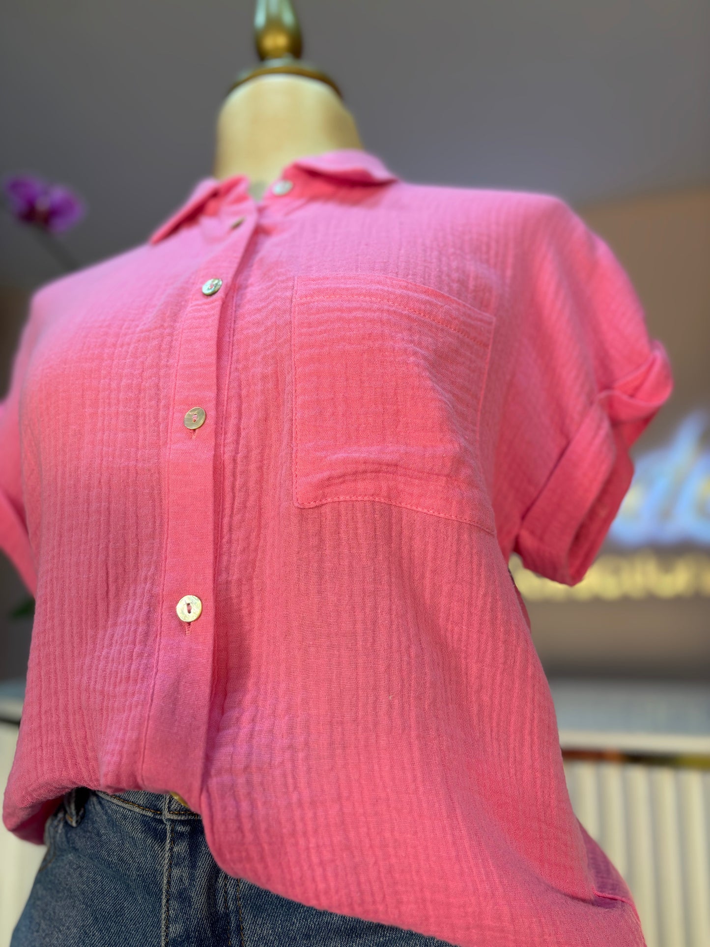 CAMISA LINO OVER SIZE ROSA FIUSHA