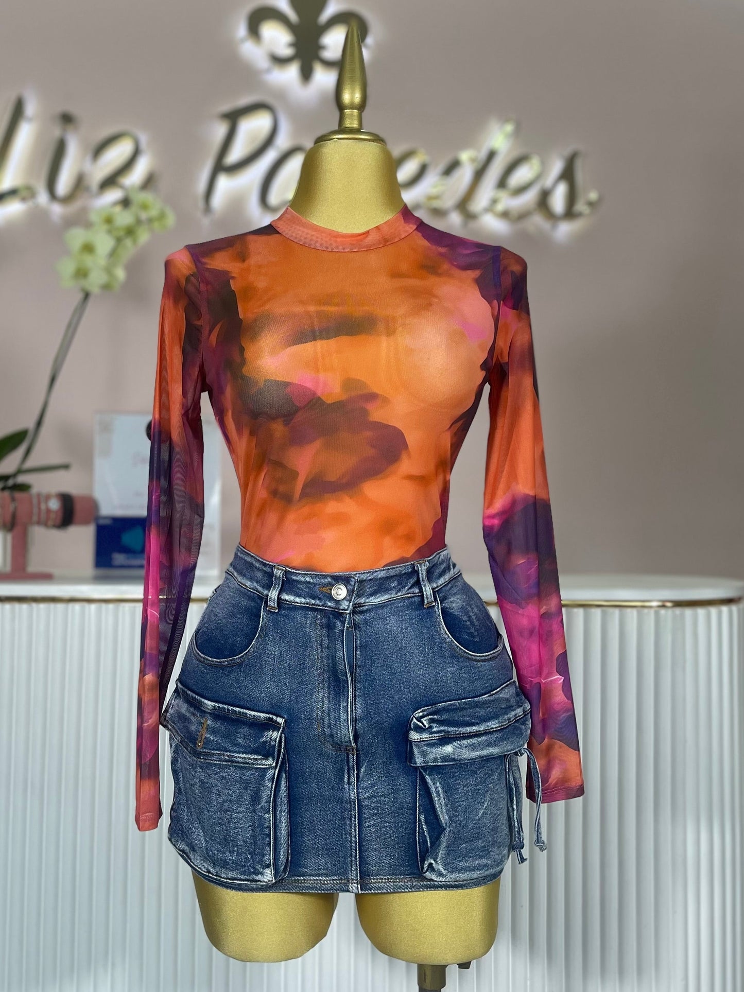 BODY MESH MANGA LARGA NARANJA/MORADO