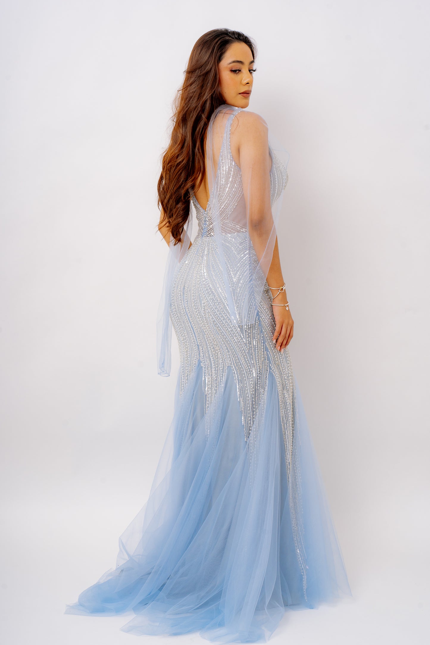 VESTIDO CORTE SIRENA CRISTALES BABY BLUE