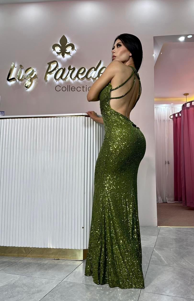 VESTIDO MAXI LENTEJUELA VERDE OLIVO