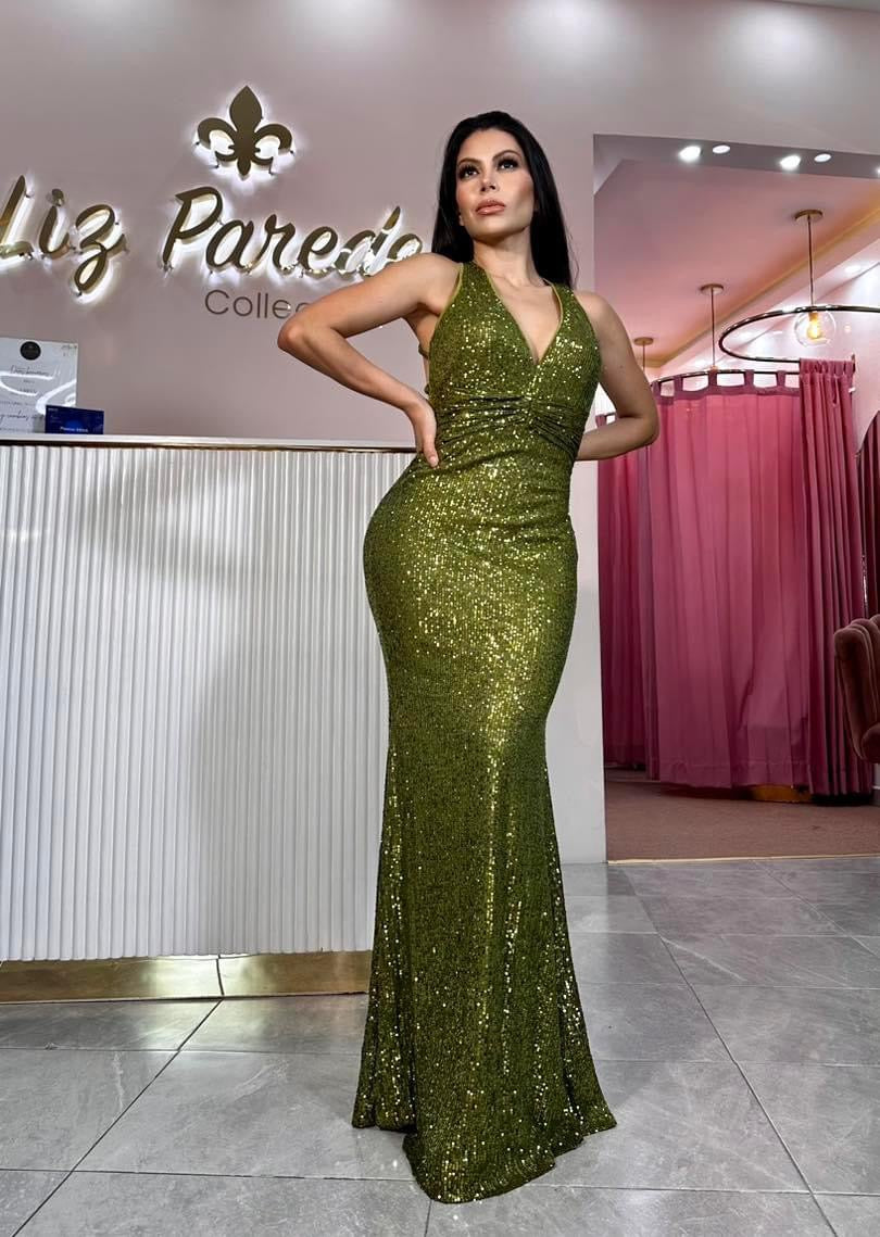 VESTIDO MAXI LENTEJUELA VERDE OLIVO