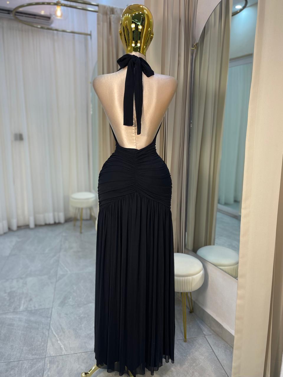 VESTIDO MAXI CUELLO V CORRUGADO