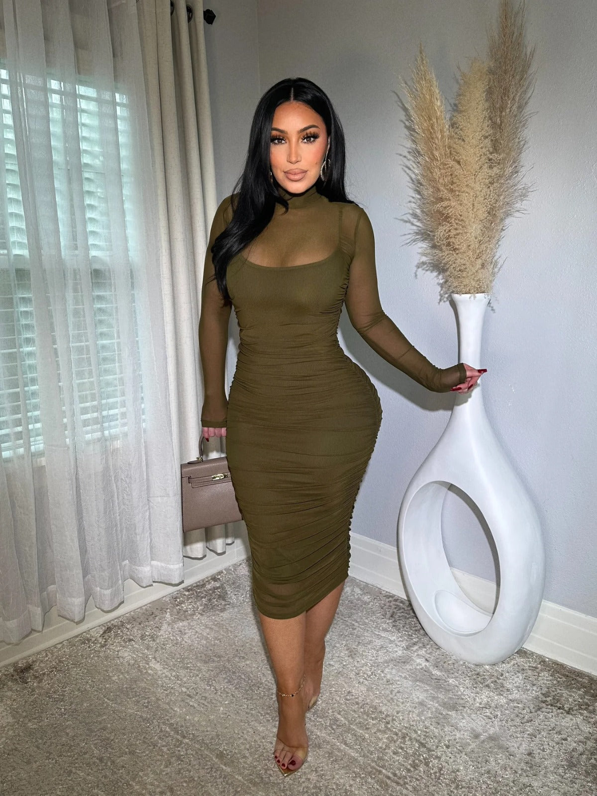 VESTIDO MIDI MESH MANGA LARGA