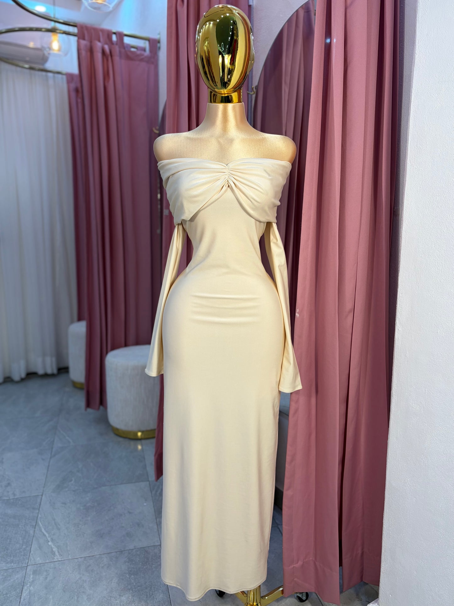 VESTIDO MAXI LICRA SATEN OFF SHOULDER
