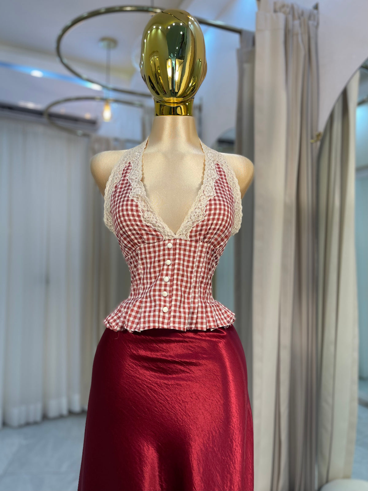 TOP HALTER CUADROS ROJO