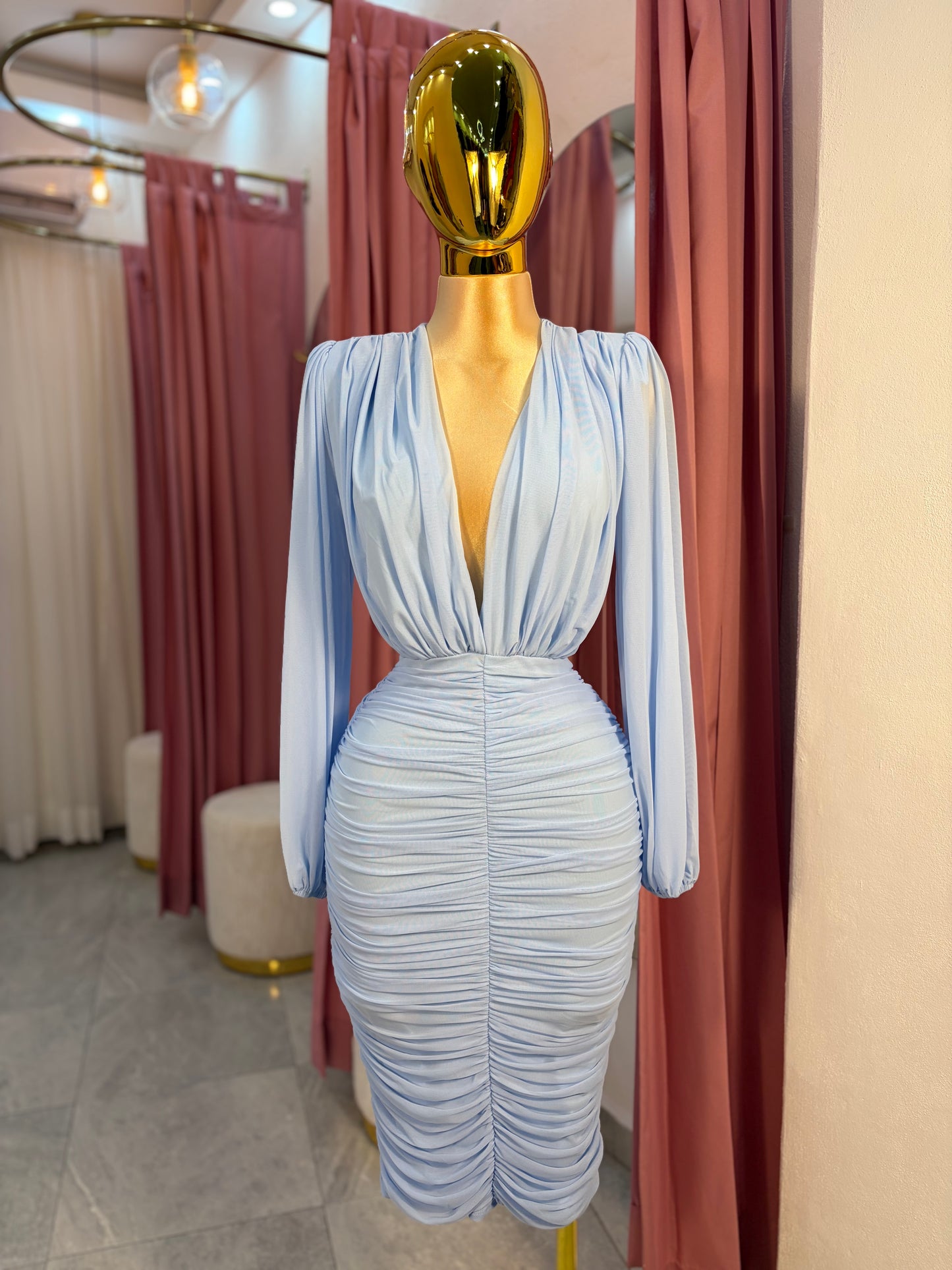 VESTIDO MIDI MESH MANGA LARGA CORRUGADO