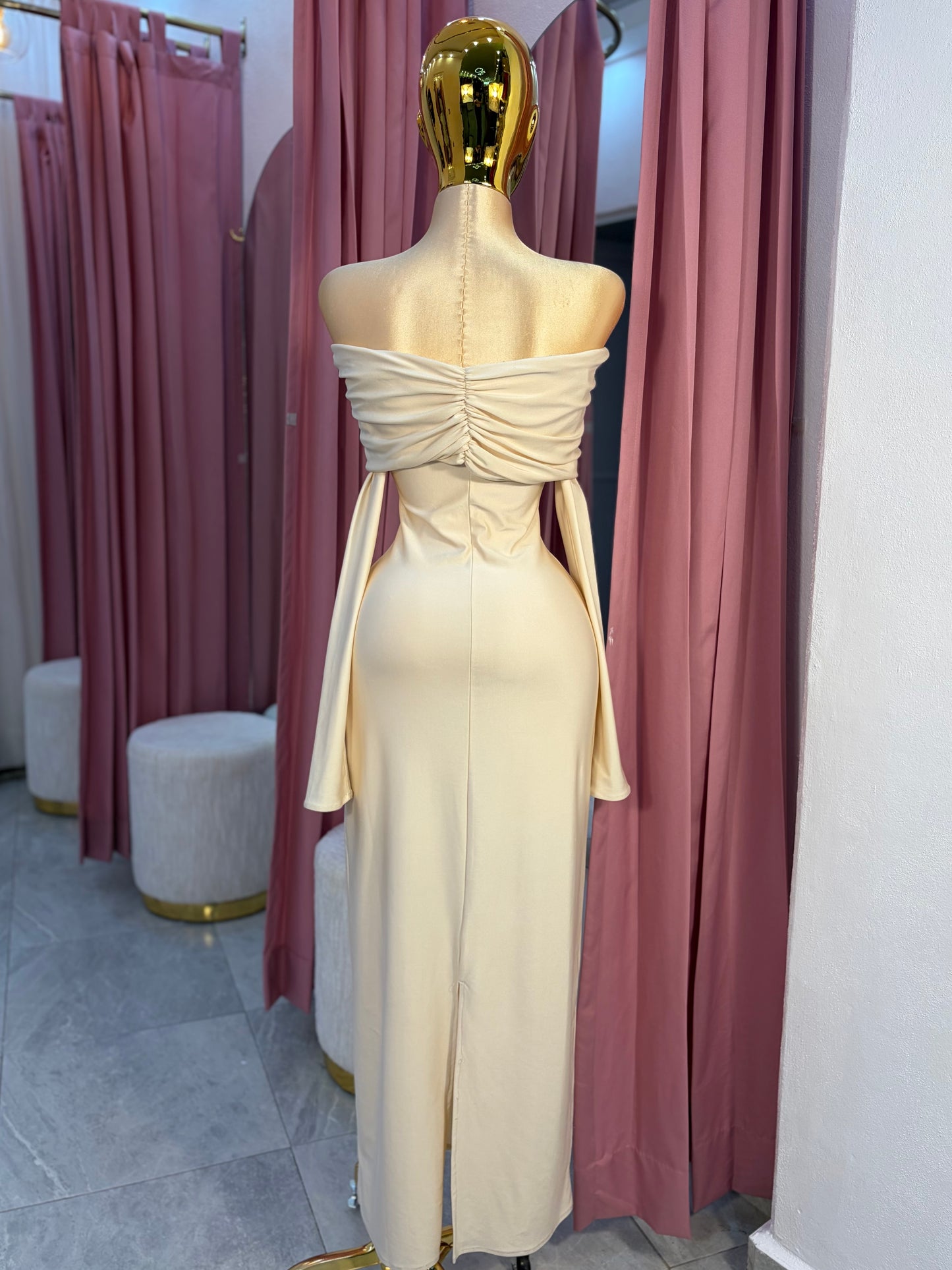VESTIDO MAXI LICRA SATEN OFF SHOULDER