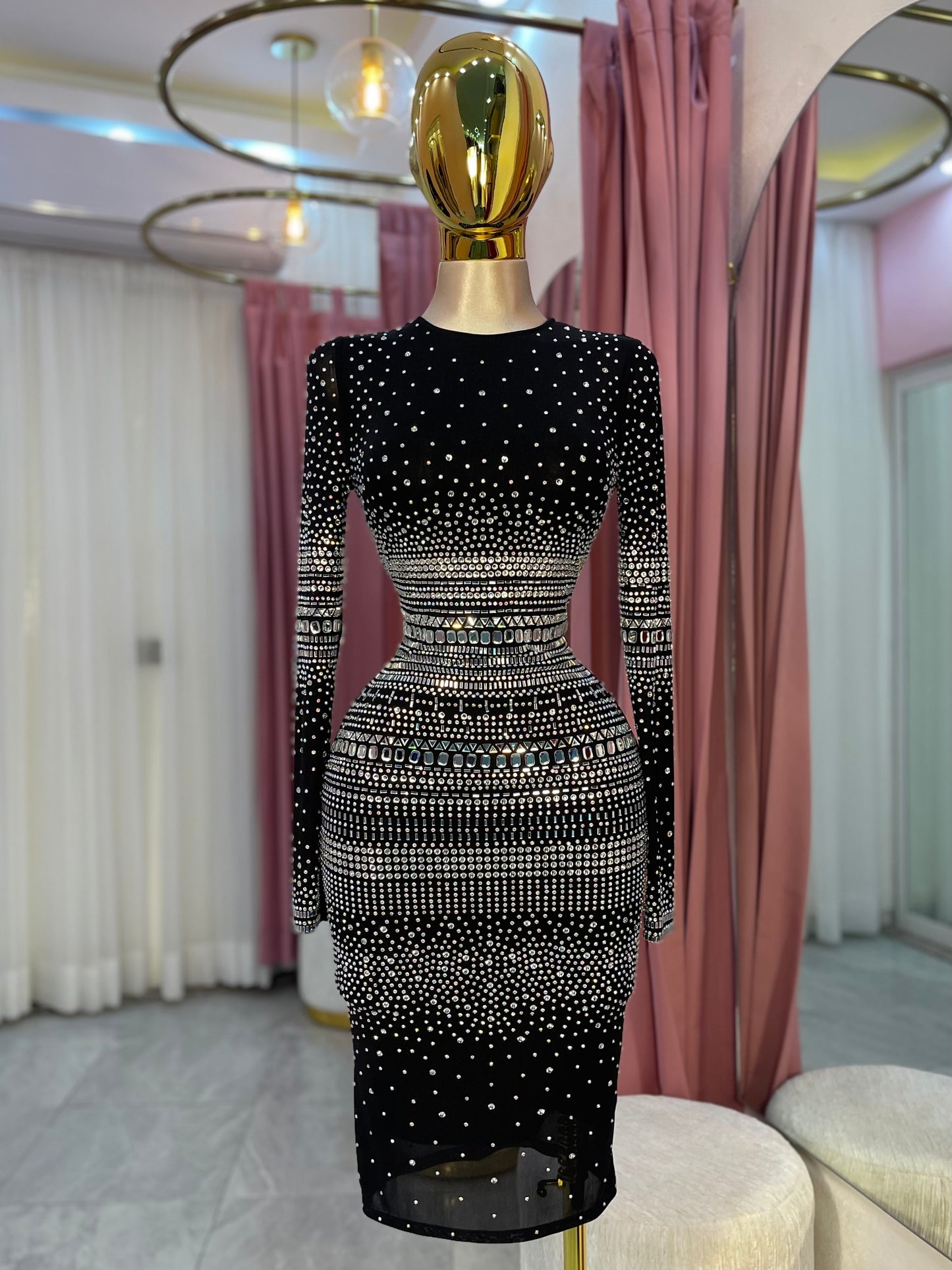 VESTIDO MIDI MANGA LARGA CRISTALES