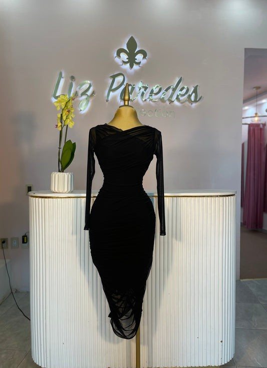 VESTIDO MIDI MESH MANGA LARGA ESCOTE X
