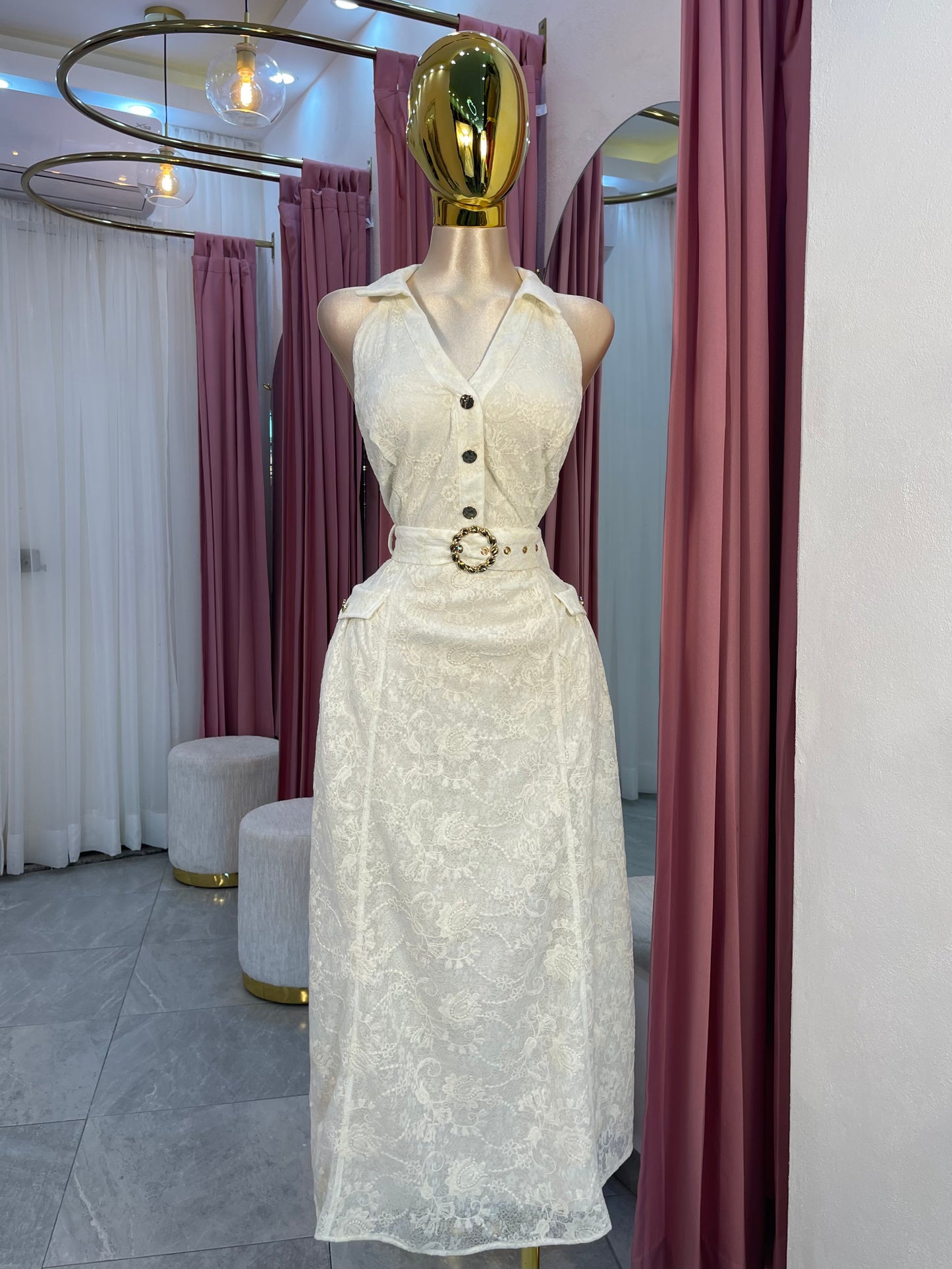 VESTIDO MIDI ENCAJE/ARGOLLA DORADA