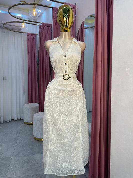 VESTIDO MIDI ENCAJE/ARGOLLA DORADA