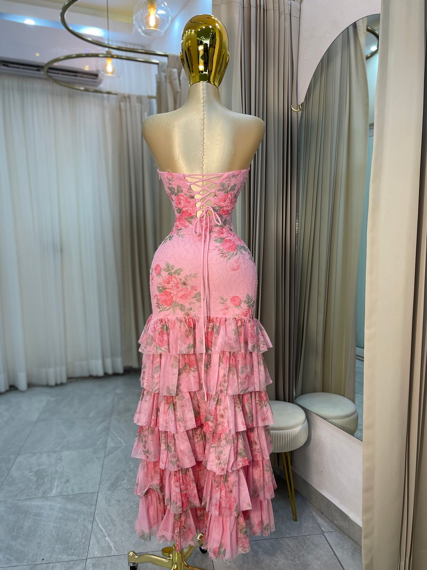 VESTIDO MAXI VOLANTES ROSA