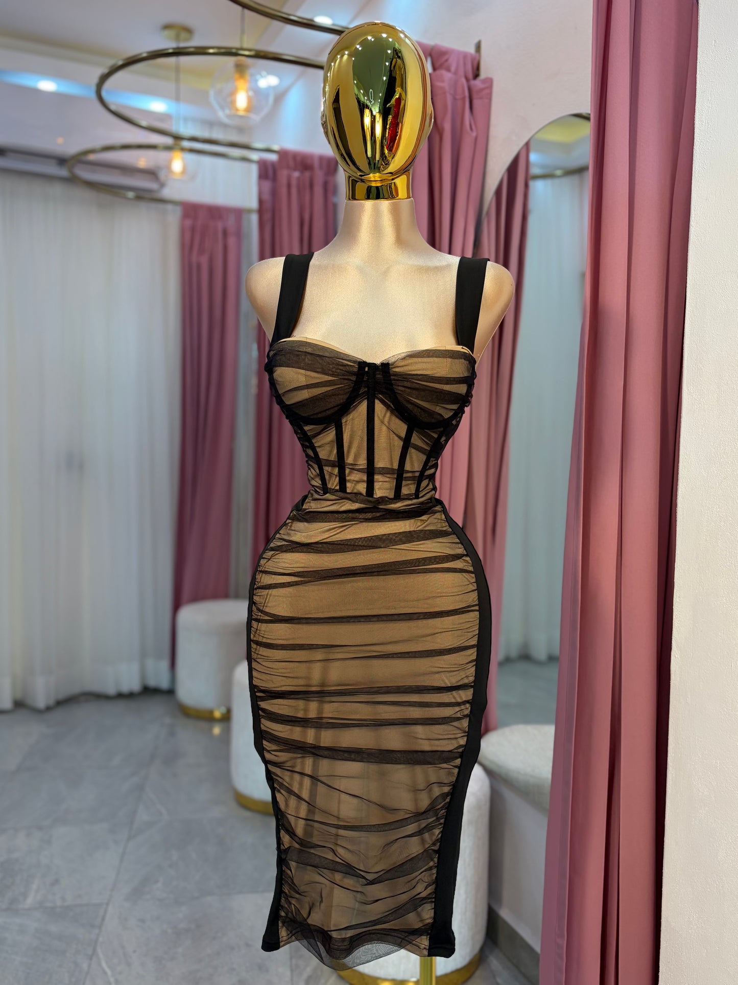 VESTIDO MIDI MESH NEGRO COPAS