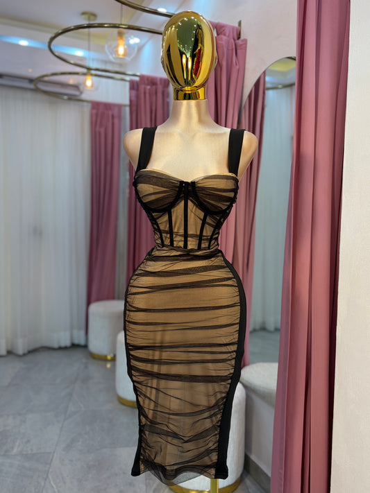 VESTIDO MIDI MESH NEGRO COPAS