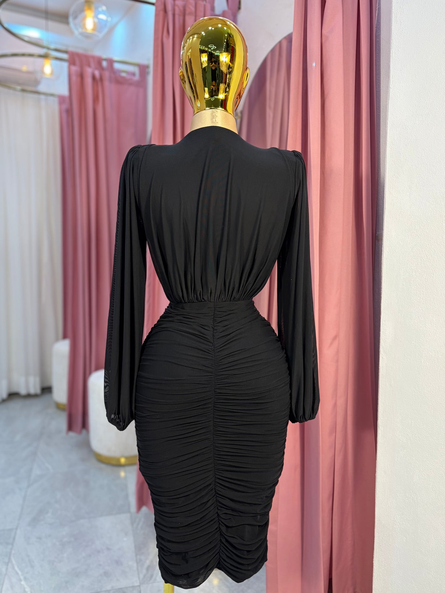 VESTIDO MIDI MESH MANGA LARGA CORRUGADO