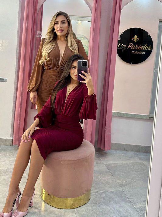 VESTIDO MIDI MESH MANGA LARGA CORRUGADO