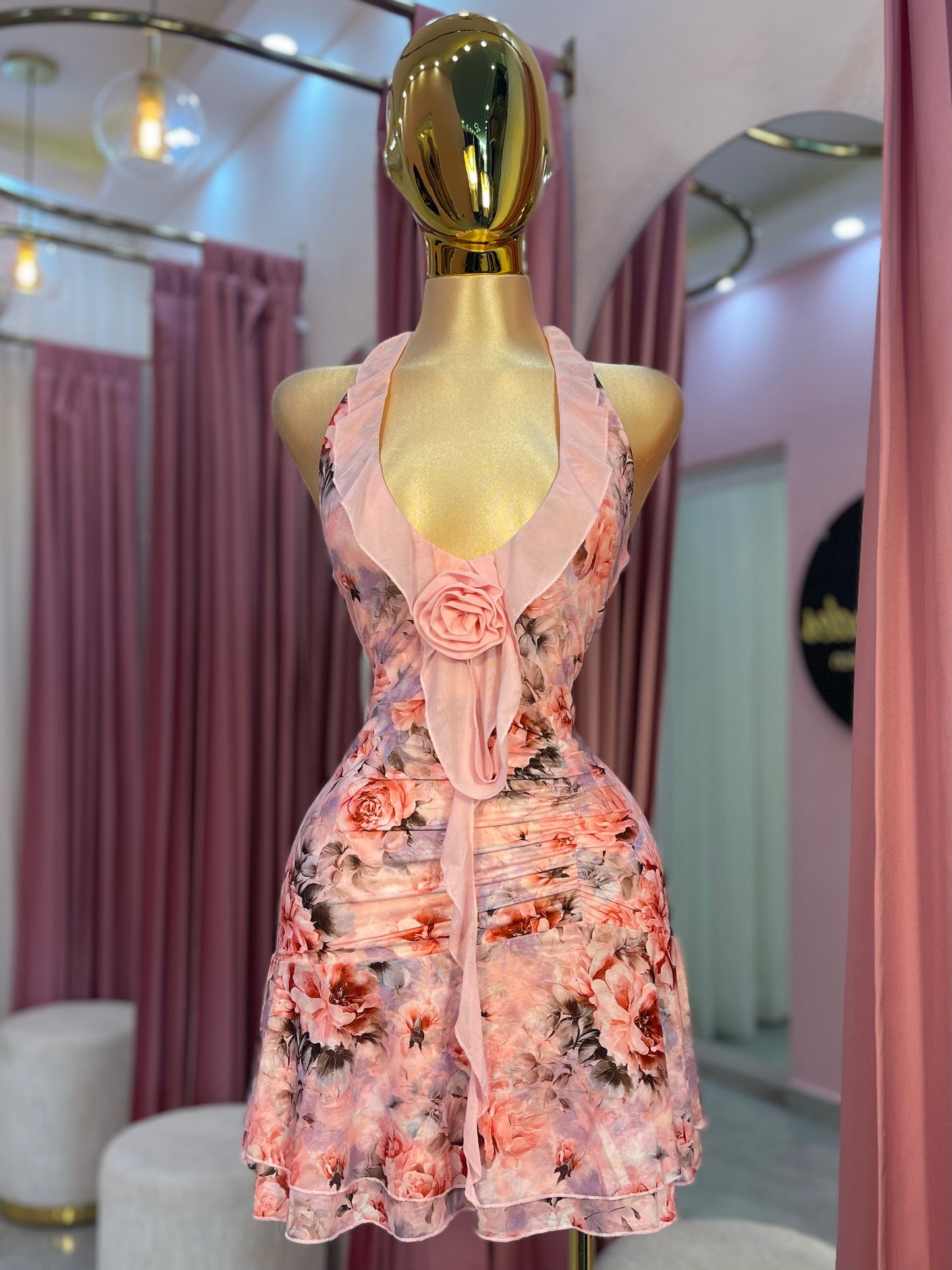VESTIDO MINI MESH ENCAJE HALTER