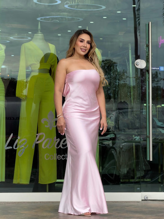 VESTIDO MAXI ROSA SATÉN STRAPLESS