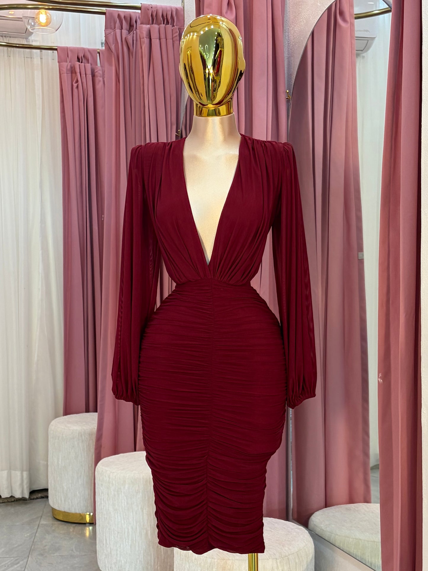 VESTIDO MIDI MESH MANGA LARGA CORRUGADO