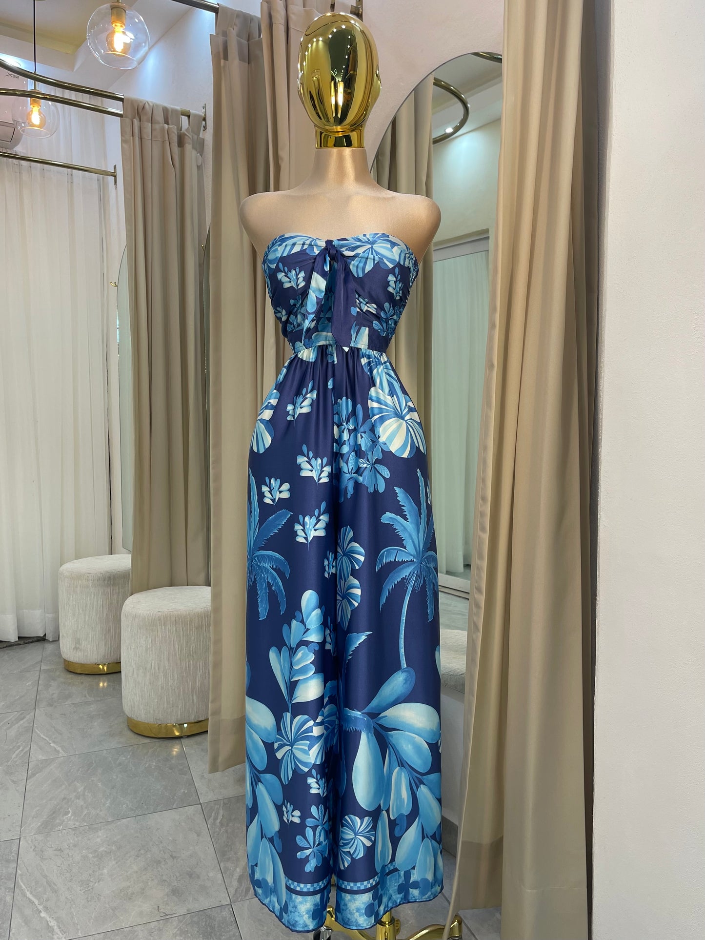 JUMPSUIT STRAPLESS HOJAS AZUL