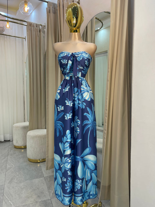 JUMPSUIT STRAPLESS HOJAS AZUL