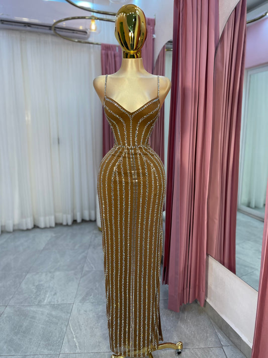 VESTIDO MAXI TIRANTES CAFE CRISTALES