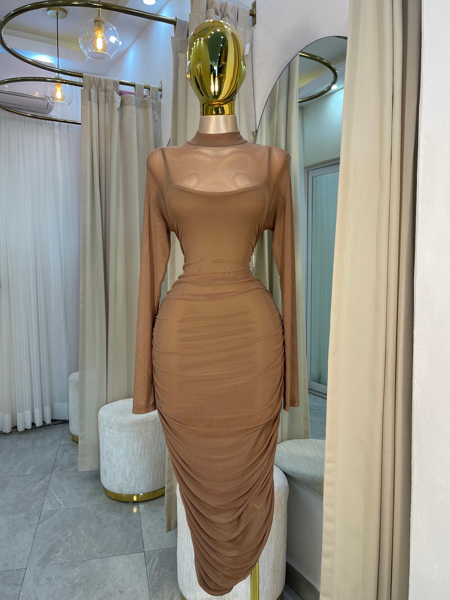 VESTIDO MIDI MESH MANGA LARGA