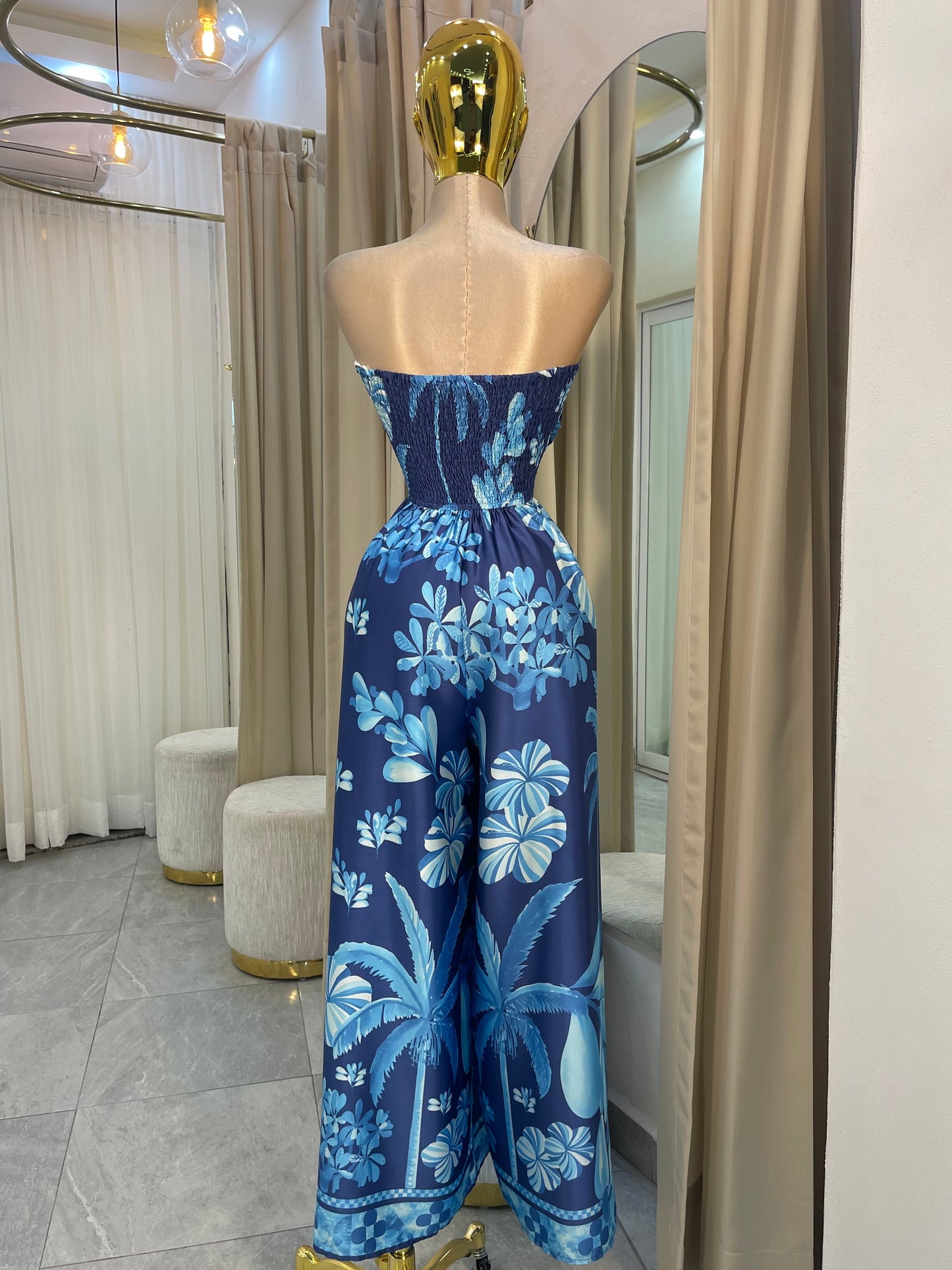JUMPSUIT STRAPLESS HOJAS AZUL