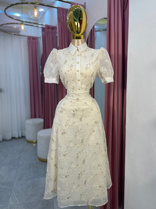 VESTIDO MIDI ENCAJE MANGA CORTA