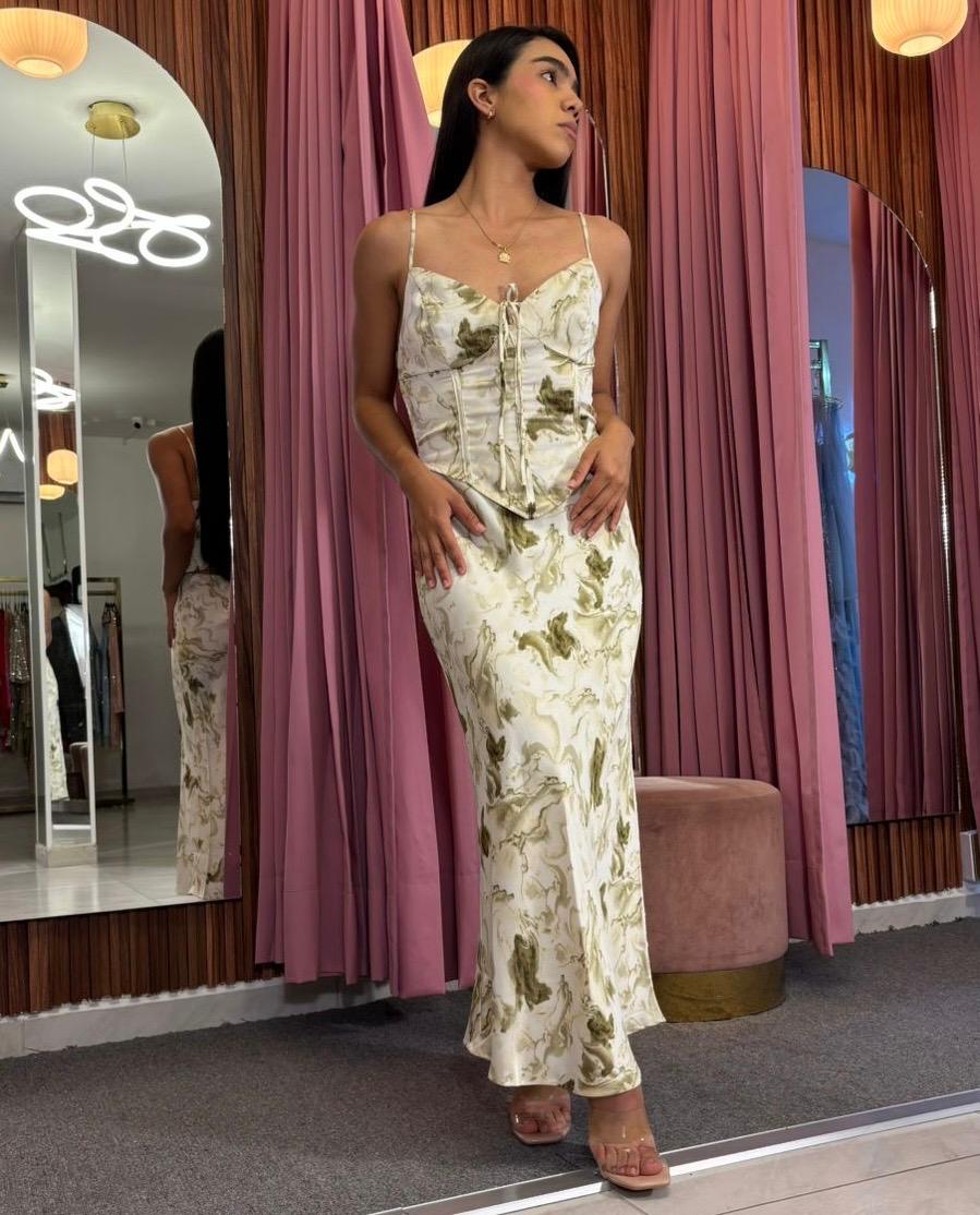 SET FALDA/TOP SATIN FLORES