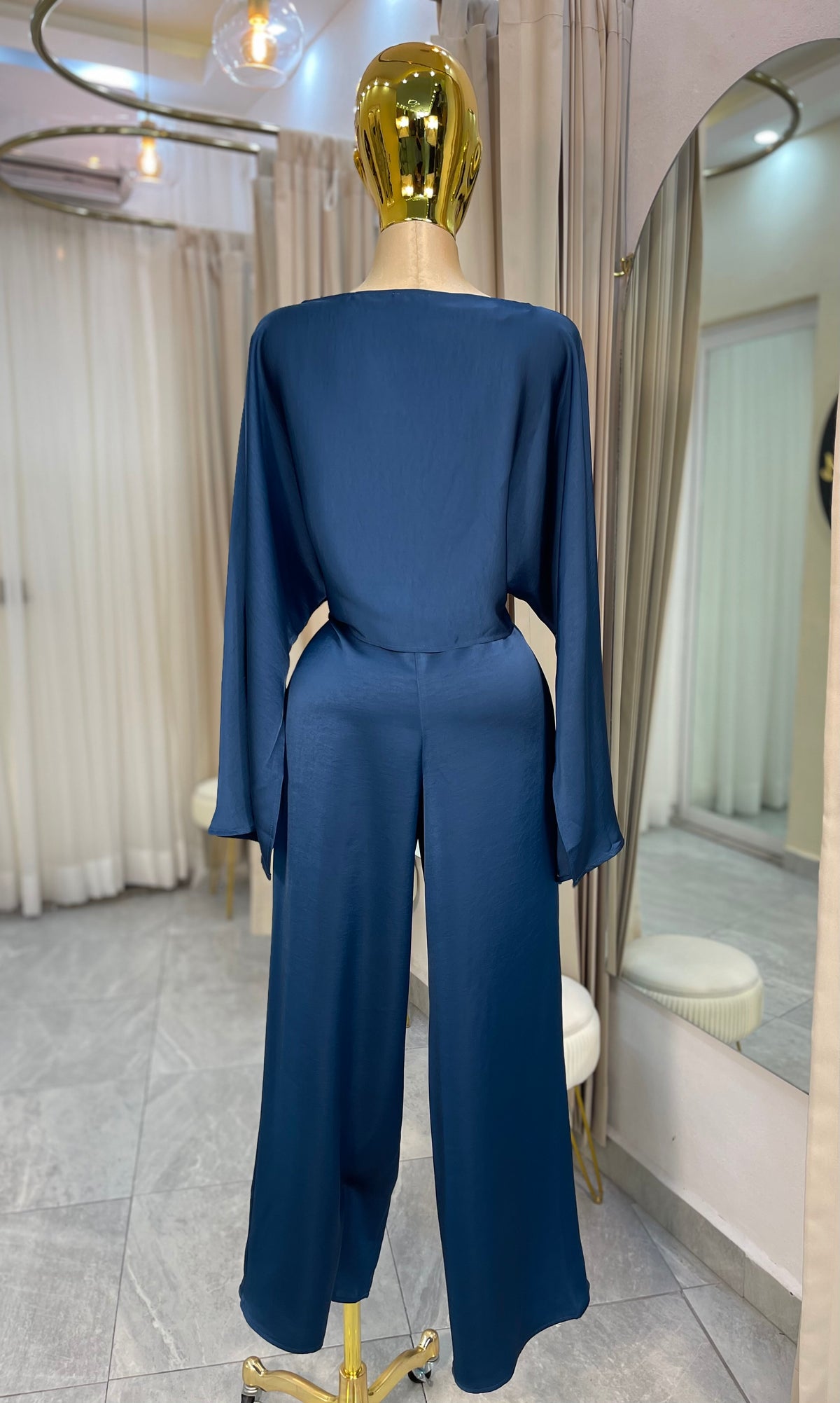 SET SATIN CROP MANGA LARGA TEAL