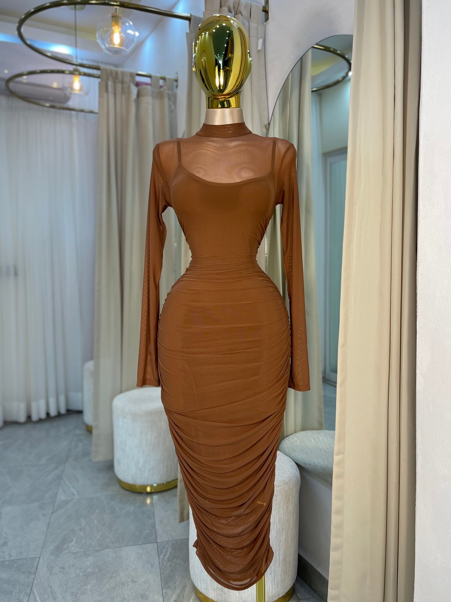 VESTIDO MIDI MESH MANGA LARGA