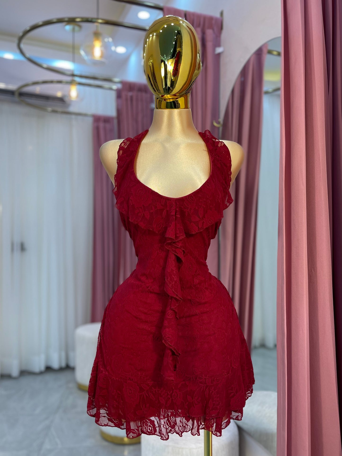 VESTIDO MINI V ENCAJE TINTO