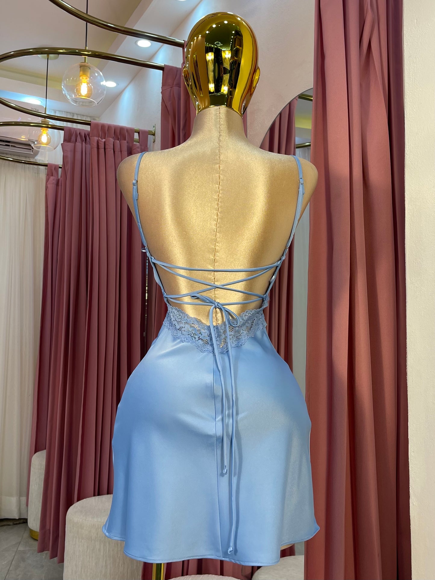 VESTIDO MINI AZUL SATIN V
