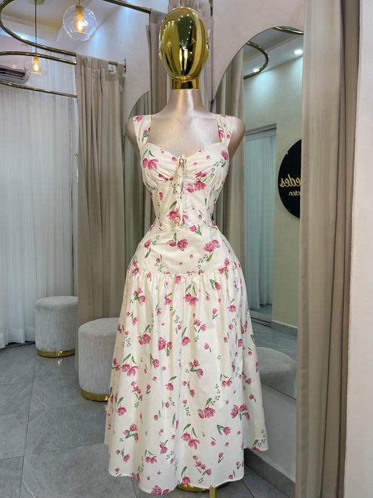 VESTIDO CREMA TULIPANES MIDI