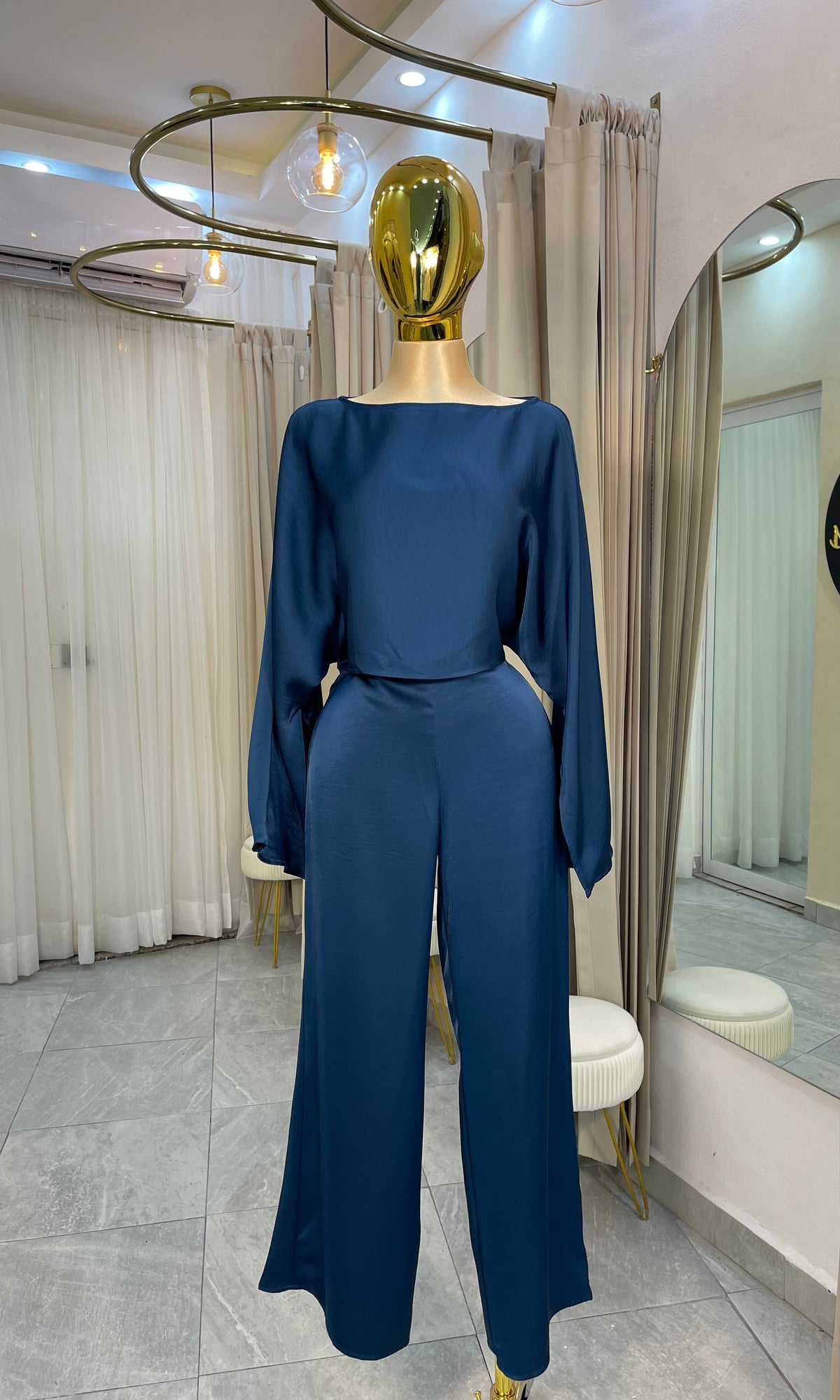 SET SATIN CROP MANGA LARGA TEAL