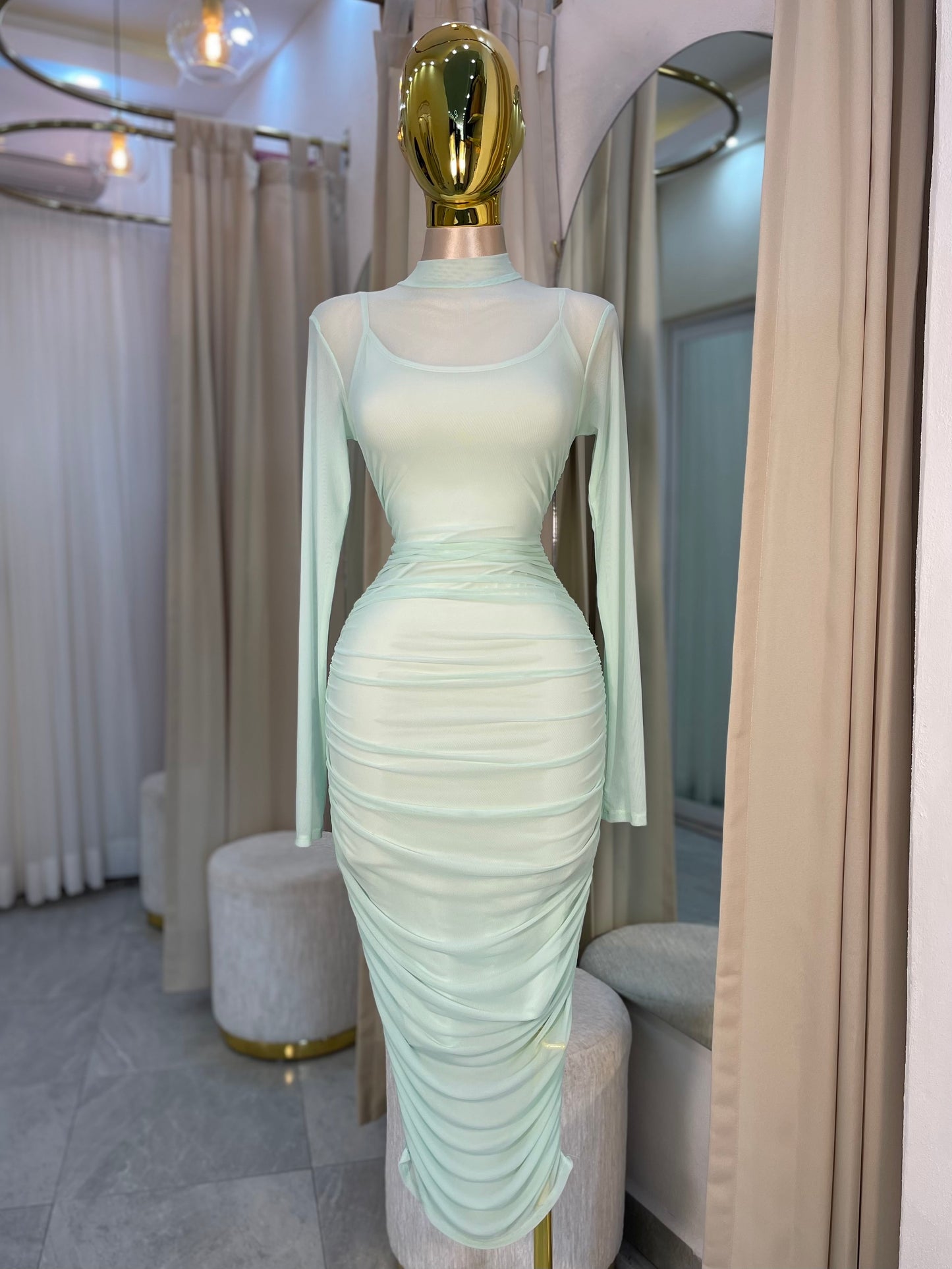 VESTIDO MIDI MESH MANGA LARGA